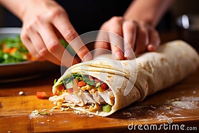 hand wrapping a rolled pita bread with chicken filling Stock Photo