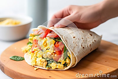 hand wrapping up a breakfast taco with scrambled eggs Stock Photo