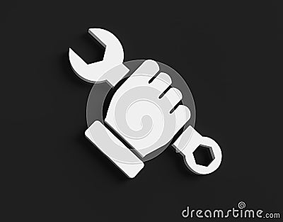 Hand with wrench white 3D icon maintenance symbol black background Stock Photo