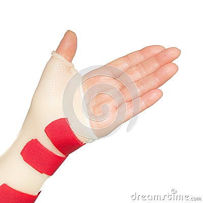 Hand with wrist and thumb splint Stock Photo