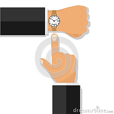 Hand with a wristwatch. The finger points to the clock Vector Illustration