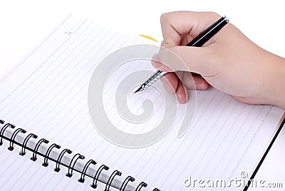 Hand write on a note book Stock Photo