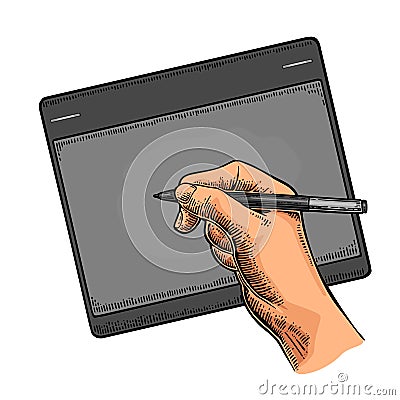 Hand writes on the tablet stylus. Vector black vintage engraving Vector Illustration