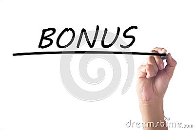 Hand writing BONUS word on transparent board Stock Photo