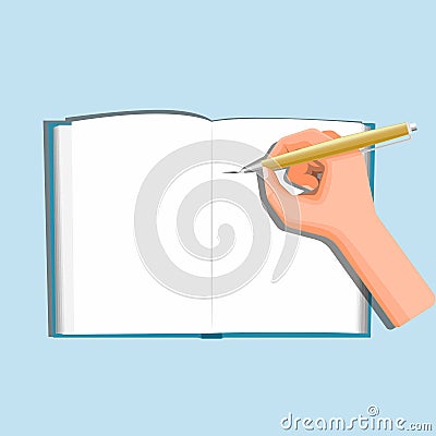 Hand Writing on Book with Balllpoint or Golden Pen in Cartoon Illustration Vector Vector Illustration