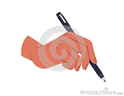 Hand writing, drawing with liner. Artists arm holding thin felt-tip pen for handwriting, calligraphy, painting. Wrist Cartoon Illustration