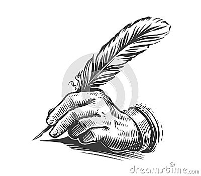 Hand writing with a feather. Illustration drawn in vintage engraving style Vector Illustration