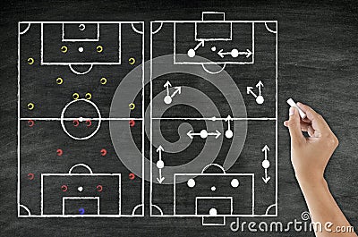 Hand writing foot ball tactic on blackboard Stock Photo