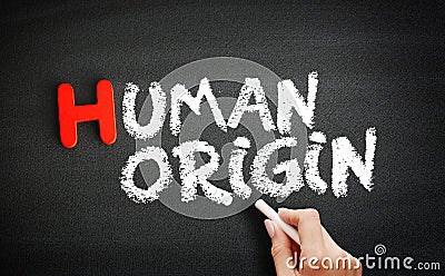 Hand writing Human origin on blackboard, concept background Stock Photo