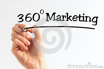 Hand writing inscription 360 Degrees Marketing with marker, concept Stock Photo
