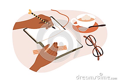 Hand writing note, plan in paper notebook, personal diary with coffee cup, eyeglasses on desk. Taking records, to-do Cartoon Illustration