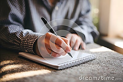 Hand writing on notebook, soft lighting from window creating inviting, creative vibe Stock Photo
