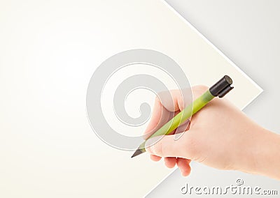 Hand writing on plain empty white paper copy space Stock Photo