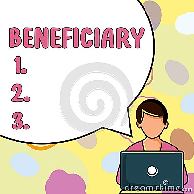 Hand writing sign Beneficiary. Internet Concept a person or thing that receives help or an advantage from something Stock Photo