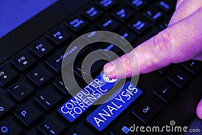 Sign displaying Computer Forensic Analysis. Word Written on evidence found in computers and storage media Stock Photo