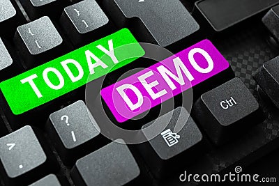 Sign displaying Demo. Word Written on exemplification display expression show visual communication reflection Typing Stock Photo