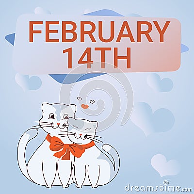 Hand writing sign FEBRUARY 14TH. Business overview Lovers Day named as Valentines day Cats tied together with bow Stock Photo