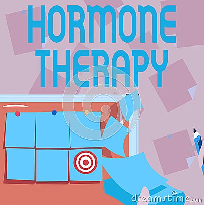 Hand writing sign Hormone Therapy. Word for use of hormones in treating of menopausal symptoms Backdrop Presenting Stock Photo