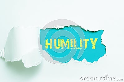 Hand writing sign Humility. Word for being Humble is a Virtue not to Feel overly Superior Stock Photo