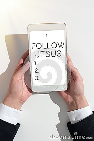 Hand writing sign I Follow Jesus. Business concept Religious person with lot of faith Love for God Spirituality Stock Photo