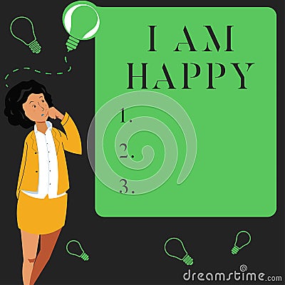 Hand writing sign I Am Happy. Business idea To have a fulfilled life full of love good job happiness Businesswoman Stock Photo