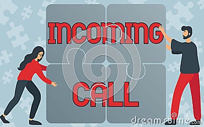 Hand writing sign Incoming Call. Concept meaning Inbound Received Caller ID Telephone Voicemail Vidcall Colleagues Stock Photo