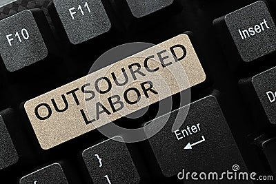 Hand writing sign Outsourced Labor. Business concept jobs handled or getting done by external workforce Stock Photo
