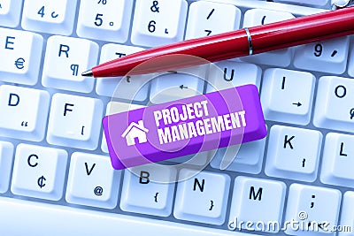 Hand writing sign Project Management. Business approach Application Process Skills to Achieve Objectives and Goal Stock Photo