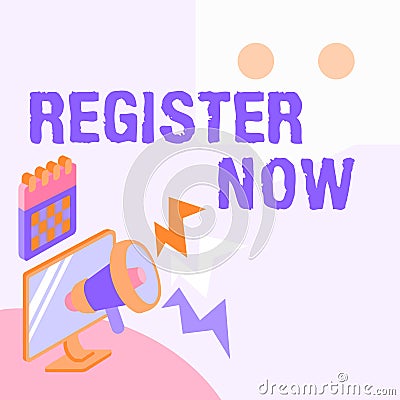 Hand writing sign Register Now. Internet Concept Name in an Official List Enlist to be a Member Sign up Ceiling Stock Photo