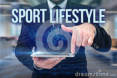 Hand writing sign Sport Lifestyle. Business approach Fond of sport or outdoor activities Physically active Man In Stock Photo