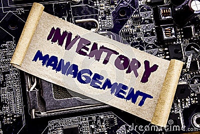 Hand writing text caption inspiration showing Inventory Management. Business concept for Stock Supply Written on sticky note, comp Stock Photo