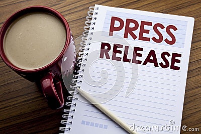 Hand writing text caption inspiration showing Press Release. Business concept for Statement Announcement Message written on note p Stock Photo