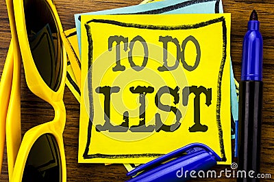 Hand writing text caption inspiration showing To Do List. Business concept for Plan Lists Remider Written on sticky note paper, wo Stock Photo