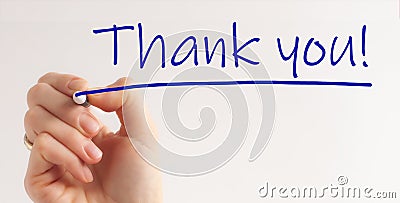 Hand writing Thank You with marker on transparent wipe board Stock Photo