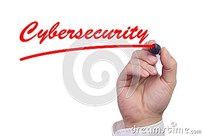 Hand writing the word cybersecurity and underlining it Stock Photo