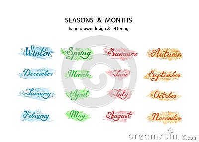 Lettering, seasons and months of the year, on sketchy color spots with leaves and twigs Vector Illustration