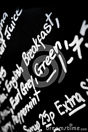 Hand written chalk menu board featured the word Breakfast prominently Editorial Stock Photo