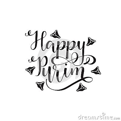 Hand written lettering with text Happy Purim.Vector illustration of jewish holiday Purim with traditional hamantaschen cookies Cartoon Illustration