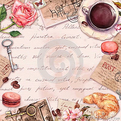 Hand written letters, coffee or tea cup, macaroon cakes, rose flowers, stamps, keys. Vintage card, blank, frame in Stock Photo