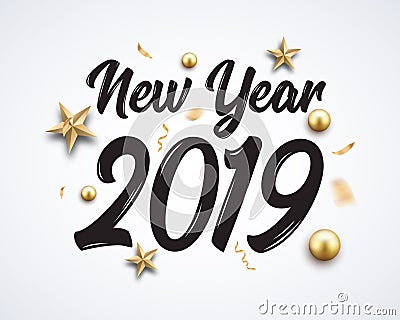 2019 hand written new year. Lettering golden Christmas stars and balls design background. New 2019 year number decoration Vector Illustration