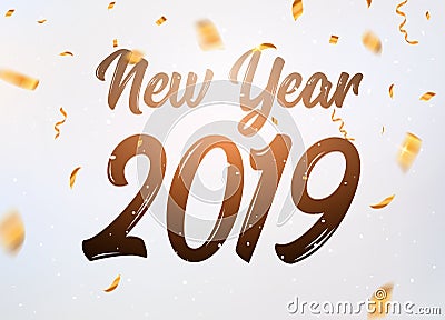 2019 hand written new year. Lettering golden Christmas stars and balls design background. New 2019 year number decoration Vector Illustration