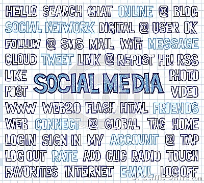 Hand Written Social Media Words, Tags, and Labels on Squared Paper Vector Illustration