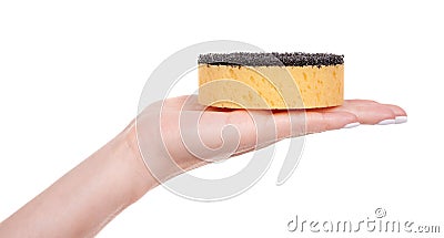 Hand with yellow cleaning sponge, isolated on white background Stock Photo