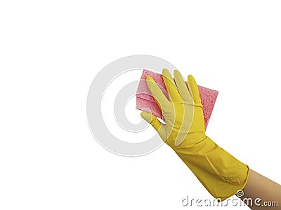 Hand in yellow glove for cleaning , rag isolated house keeping cleanse Stock Photo