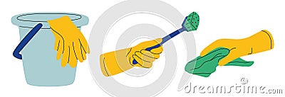 Hand in Yellow Glove Cleaning with Sponge, Bucket and Squeegee Vector Set Vector Illustration