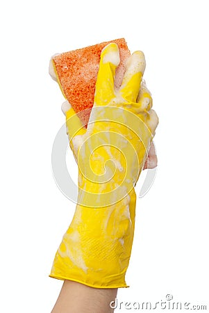 Hand in yellow rubber glove Stock Photo