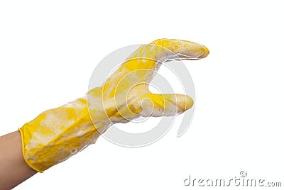 Hand in a yellow rubber glove Stock Photo