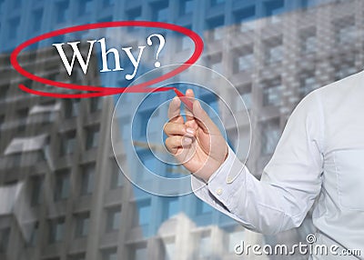 Hand of young businessman write the word Why on skyscrapers back Stock Photo