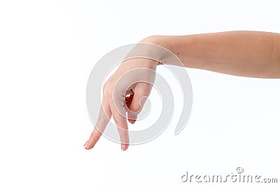 The hand of a young girl with down two fingers isolated on white background Stock Photo