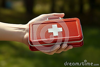 Hand of a young man firmly holding a first aid kit Stock Photo